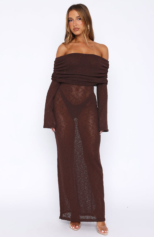 Made It Out Long Sleeve Boucle Maxi Dress Chocolate