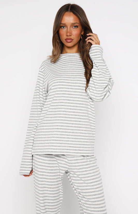 Slow Life Long Sleeve Pyjama Top Grey/White Stripe