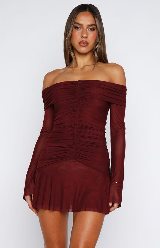 Dreaming Of Yesterday Long Sleeve Mini Dress Burgundy