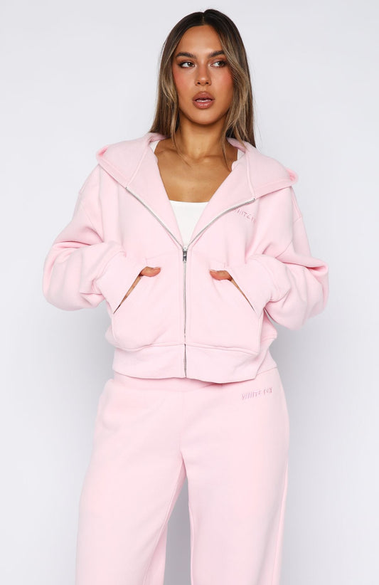 Come A Long Way Boxy Zip Front Hoodie Pink