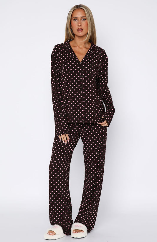 Pillow Talk Printed Long Sleeve Pyjama Set Choc/Pink Polka Dot