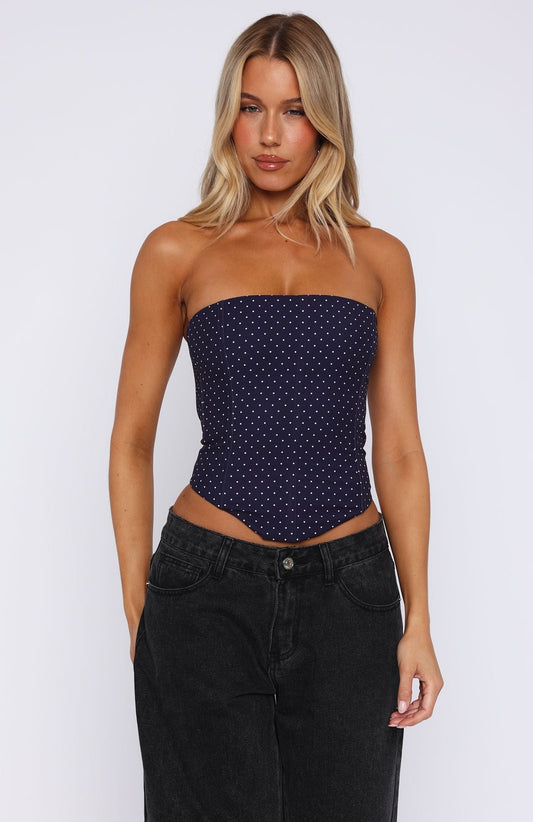 Let It Go Strapless Bustier Navy Polka Dot
