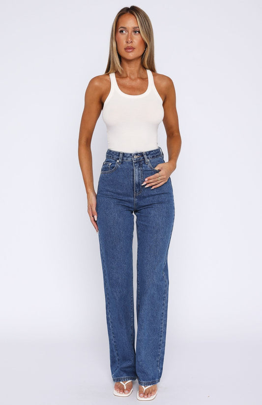 Long Way To Go High Rise Straight Leg Jeans Cobalt Blue Wash