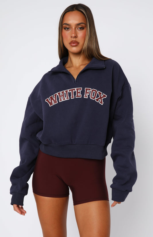 Let The Bells Ring Cropped Quarter Zip Sweater Navy