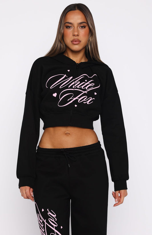 Love You Regardless Cropped Zip Front Hoodie Black