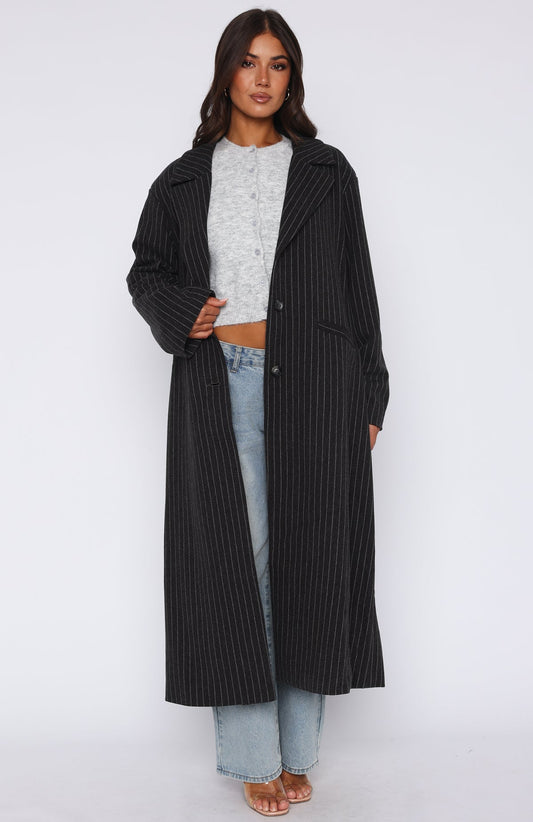 Walk By Me Oversized Coat Charcoal Pinstripe