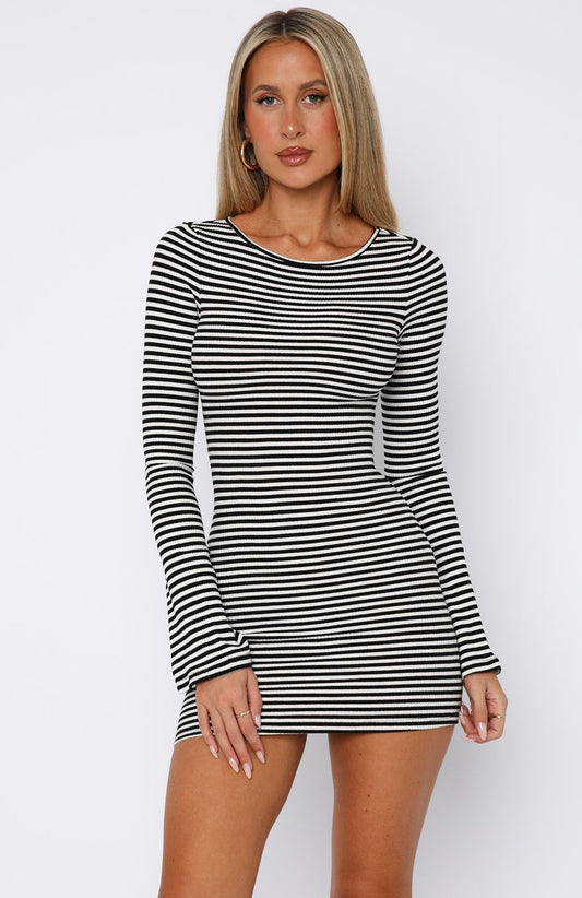 Lost Files Long Sleeve Mini Dress Black/White Stripe