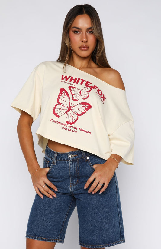 Going Back To You Cropped Off Shoulder Tee Off White